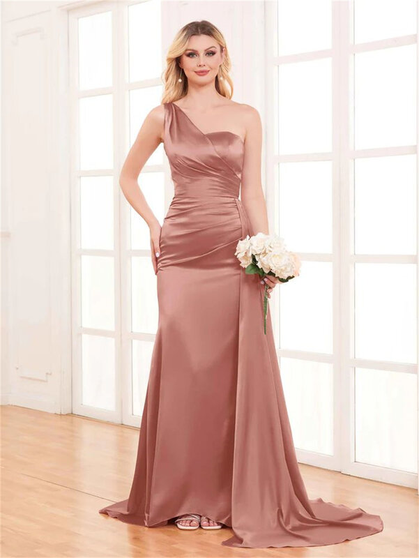 2024 Women's One-shoulder Satin Mermaid Bridesmaid Dresses Backless Pleated Sleeveless Split Long Ruched Formal Prom Gowns