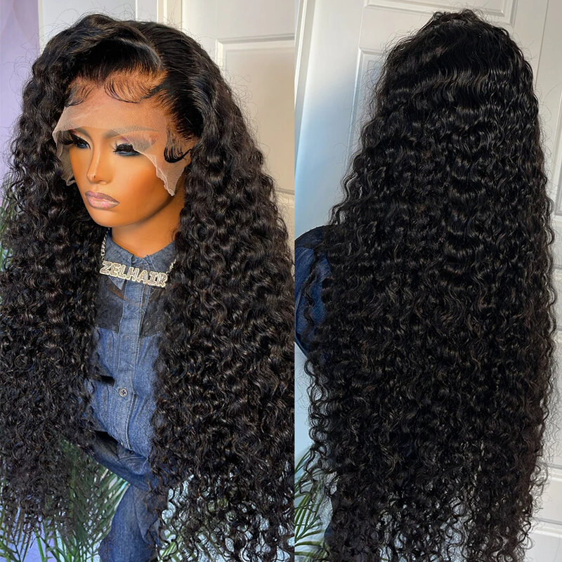Peluca de cabello humano rizado de onda profunda para mujeres negras, pelo Remy brasileño 180% con encaje Frontal transparente, 13x4 HD, precortado