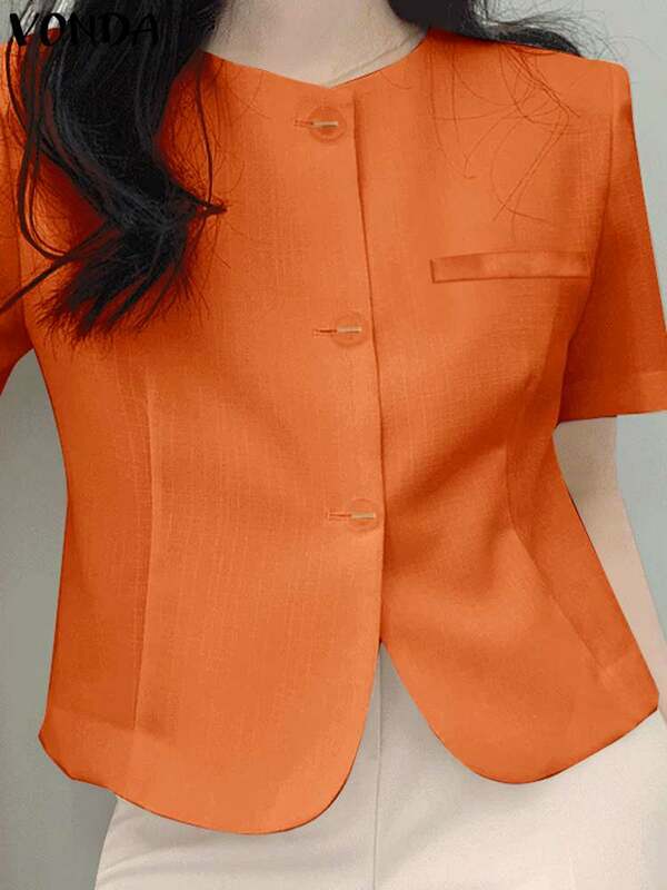 VONDA Women Casual Blazer 2024 Vintage Solid Color O Neck Coats Short Sleeve Outwears Fashion Elegant OL Suits Blazer Femininas
