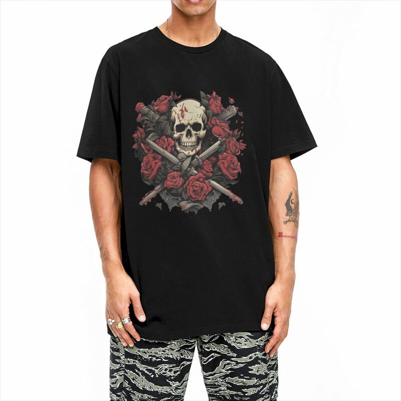 Skull Dagger Rose T-Shirt Man Y2K Funny 100% Cotton T-Shirts Summer O Neck Hippie Tee Shirt Custom Logo Plus Size Clothing