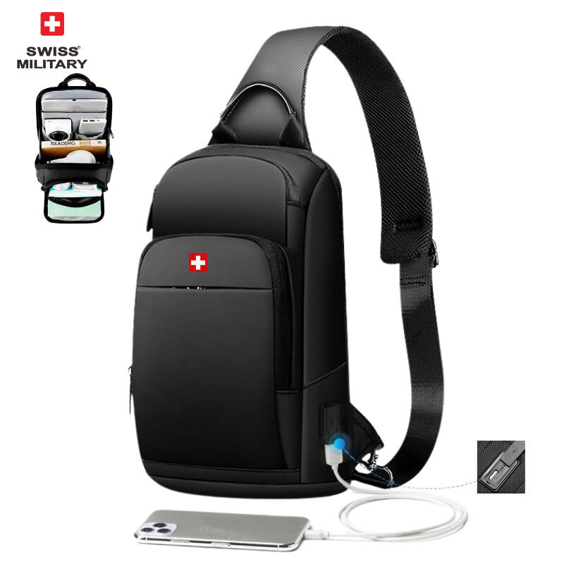Sac de poitrine suisse antivol pour homme, sac à bandoulière, sac à main en nylon étanche, sac à bandoulière USB, loisirs de plein air, mode initiée