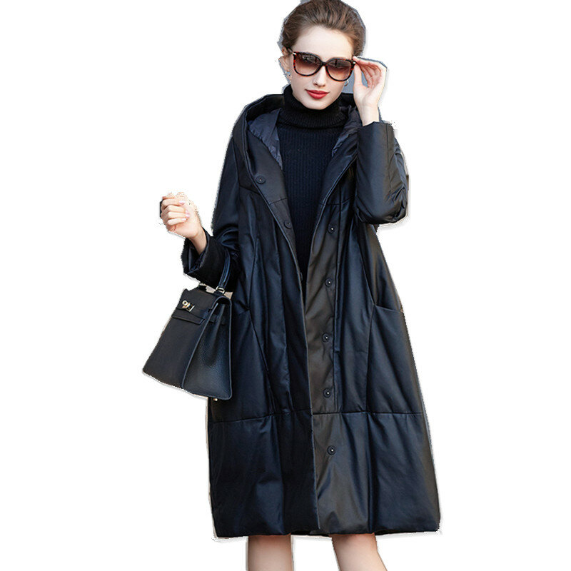 Women's Loose Leather Jacket, Hooded Sheepskin Down Coat, Casual Outerwear, Medium Length, Genuine Leather Coat, Autumn, Winter
