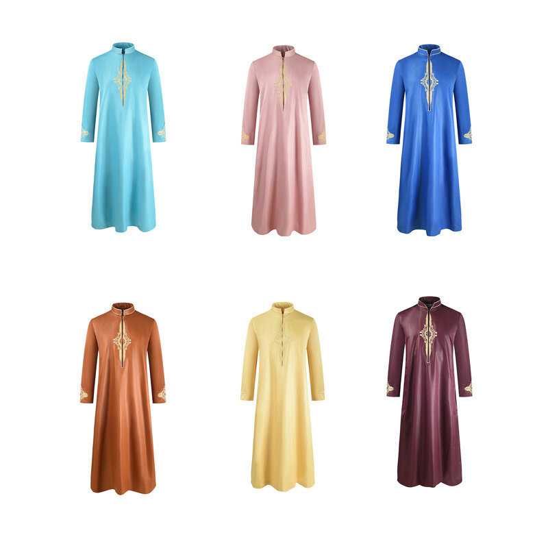 2024 mode baru jubah lengan panjang kerah tiruan cetak Muslim pria empat musim cocok untuk pakaian kasual
