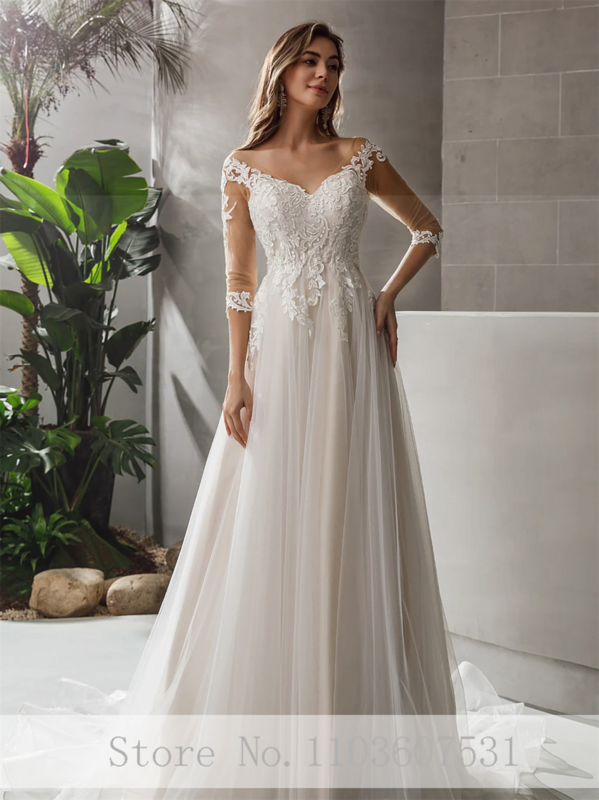 Elegant V-neck Appliques Lace Tulle Wedding Dress for Women A-line Court Half Illusion Sleeve Wedding Bridal Gown robe de mariée