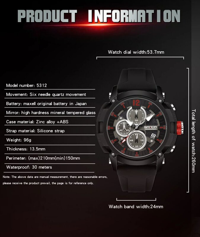 Sanda-relógio de pulso masculino, quartzo, impermeável, luxo, casual, esportivo, com cronômetro, com data de exibição, novo modelo 5312, 2024