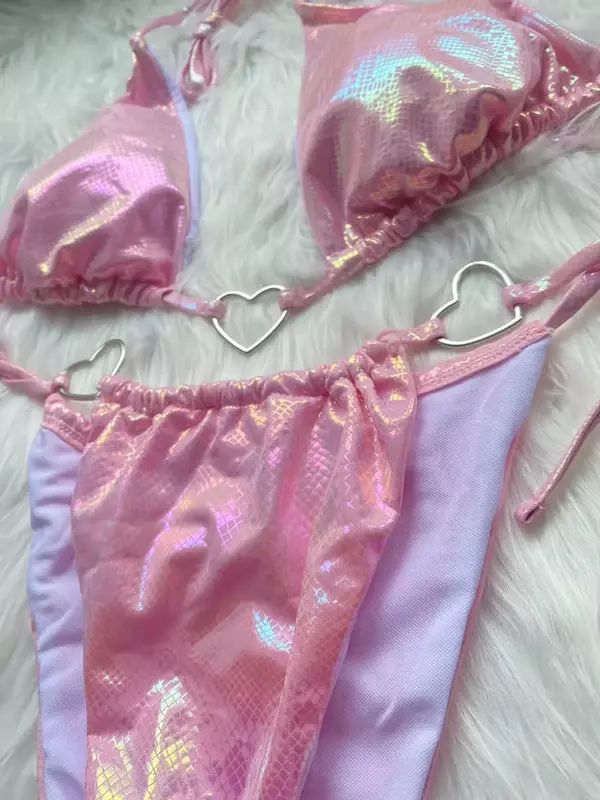 Mini maiô biquíni rosa feminino brilhante amor metal halter, anel de coração deco, roupa de banho do banhista, roupa de banho feminina, novo, 2022