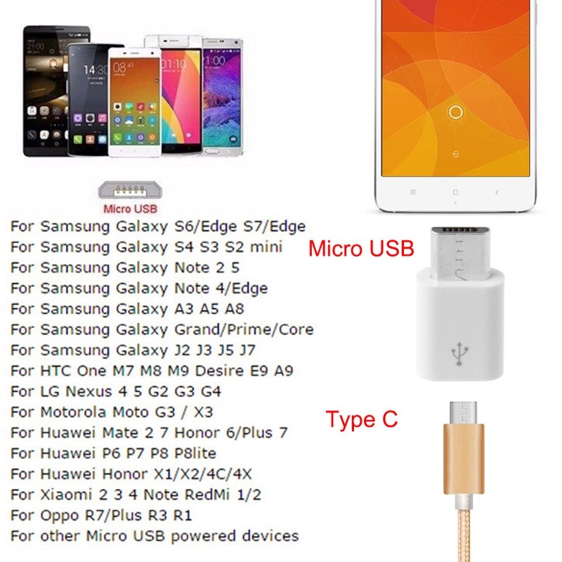 1PC USB Type C Female to Micro USB Male Adapter Type C Charging Cord Connect Micro USB Charger White Color Dropship
