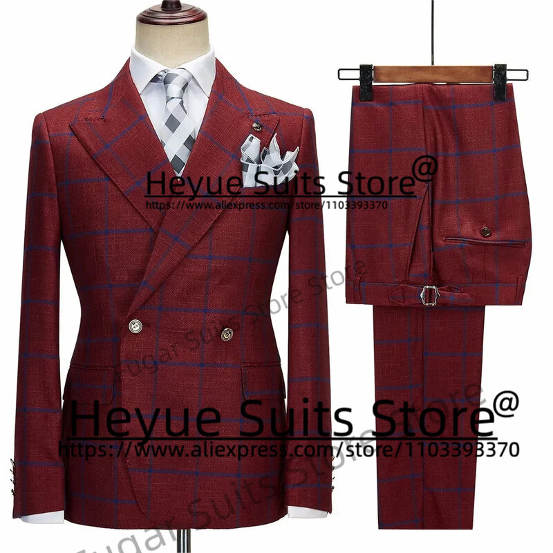 Navy Blue Plaid Business Suits For Men Custome Slim Fit Peak Lapel Groom Formal Prom Tuxedos 2 Pcs Sets traje de hombre elegante