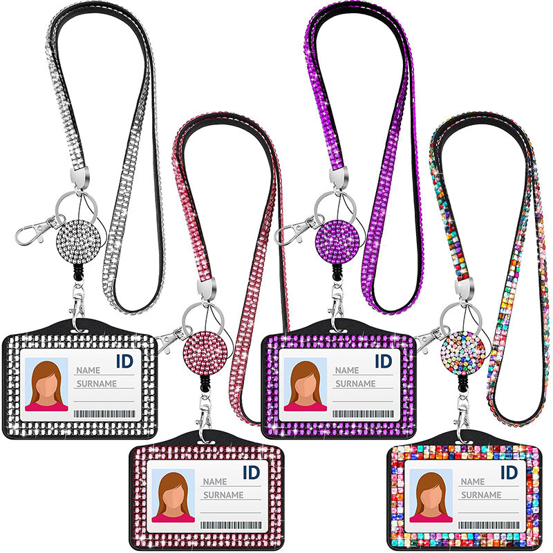 Rhinestone Badge Reel Card Holder, Crystal Retrátil Lanyards, Work Card Case, ID Name Badges Protector Case