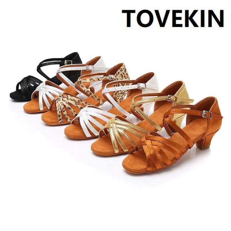 Tovekin-รองเท้าเต้นรำละตินสำหรับผู้หญิง, พื้นนุ่ม, รองเท้าแตะซ้อมแจ๊ส, ส้นกลางสำหรับเด็กผู้หญิง, เต้นรำบอลรูม3.5ซม.