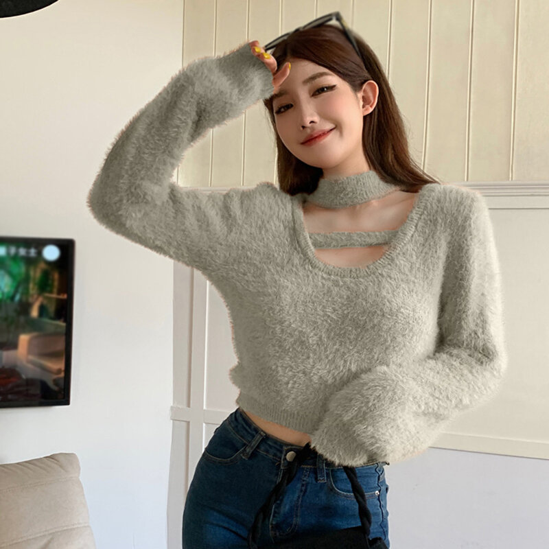 여성용 모조 밍크 모피 풀오버, 귀여운 짧은 스타일 플러시 스웨터, 따뜻한 느낌 유지