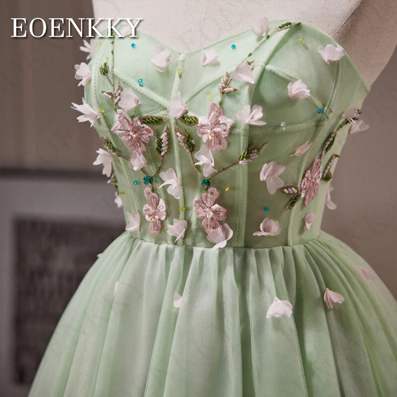 Gaun Prom manik-manik Tulle tanpa tali pendek gaun Homecoming A-Line bunga 3D elegan Mini hijau leher Sweetheart Neck вечернее