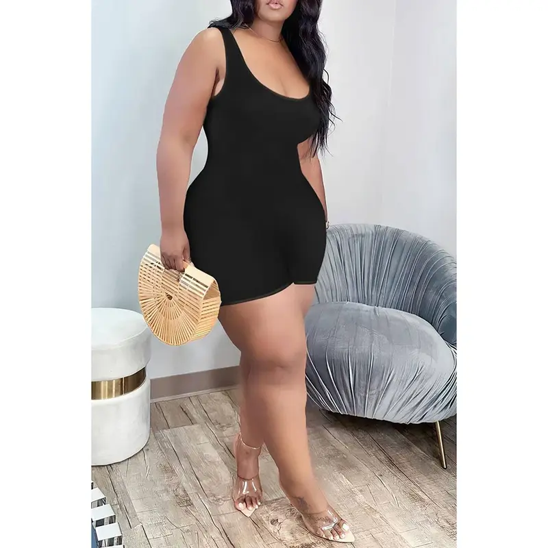 Plus Size Casual Solid Bodysuit Black Butt Lifter Thigh Slimmer Knitted Sleeveless Square Neck Bodysuit