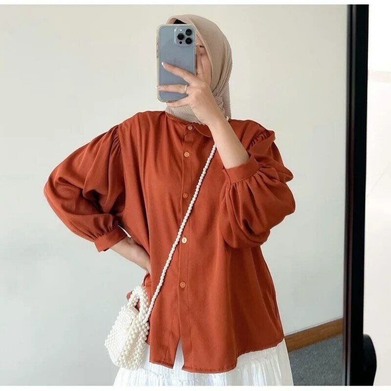 Atasan Lebaran wanita Muslim, blus Pullover Dubai Malaysia polos kasual longgar dengan kancing melar tunggal kerah O