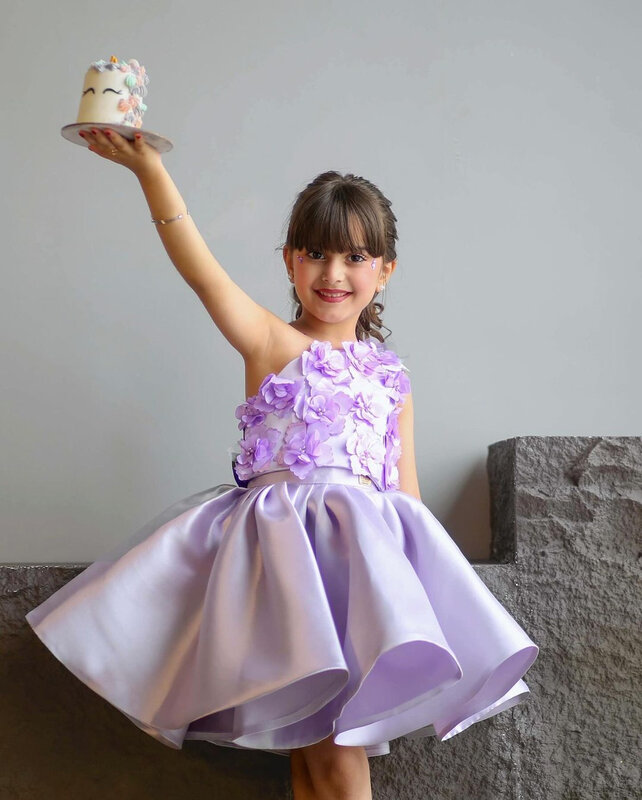 Vestido de niña de flores de un hombro, púrpura claro, apliques 3D para boda con lazo, fiesta de cumpleaños para niños, vestidos de baile de primera comunión