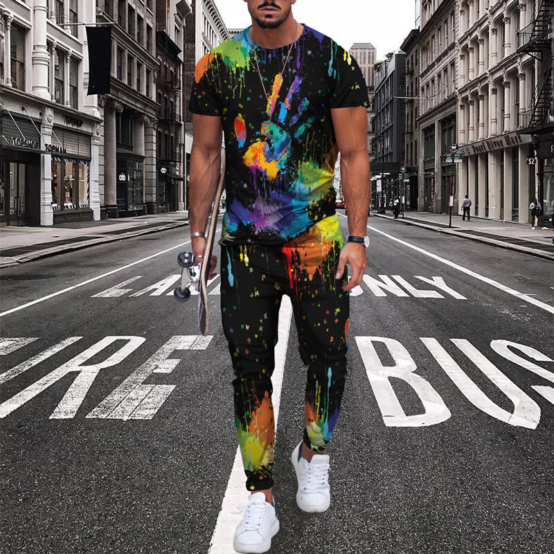 New Men's Tracksuit Short Sleeve T-Shirt+Trousers Set Casual Stylish Streetwear Fashion Outfit Oversized Suit Male Clothing