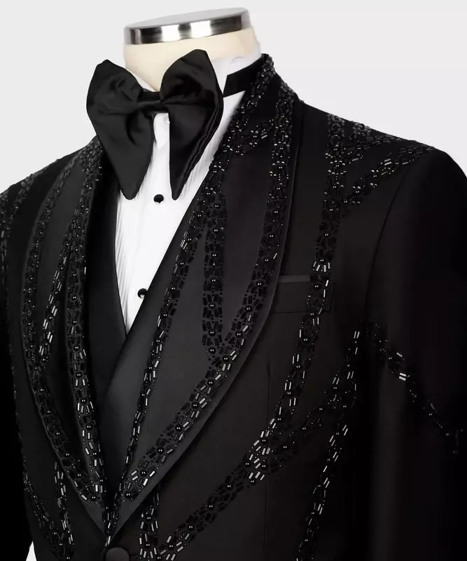 Conjunto de trajes de 2 piezas con cristales negros para hombre, Blazer y pantalones de lujo, esmoquin Formal para oficina, chaqueta hecha a medida