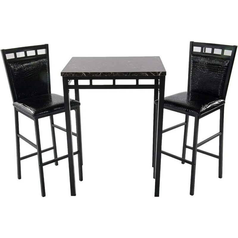 Home Source 3-Piece Bistro Set with Counter Height Black Faux Marble Table and 2 Textured Faux Leather Side Chairs (Black)