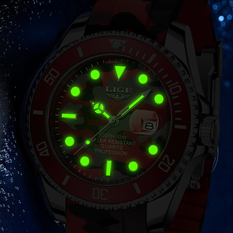 LIGE kamuflaż wojskowy męskie zegarki sportowy silikonowy zegarek dla mężczyzn wodoodporny Luminous kwarcowy zegarek męski Relogio Masculino