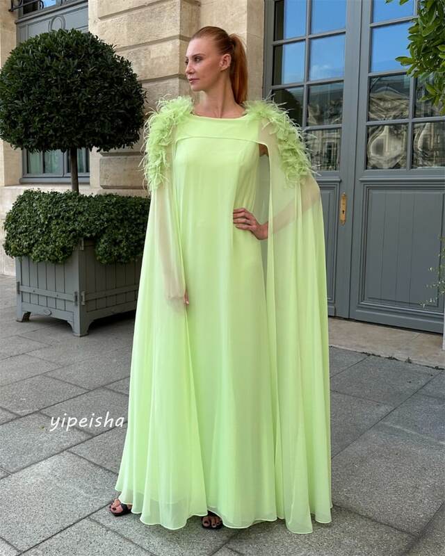 Prom Dress Evening Saudi Arabia Chiffon Feather Draped Pleat Valentine's Day A-line O-Neck Bespoke Occasion Gown Midi Dresses