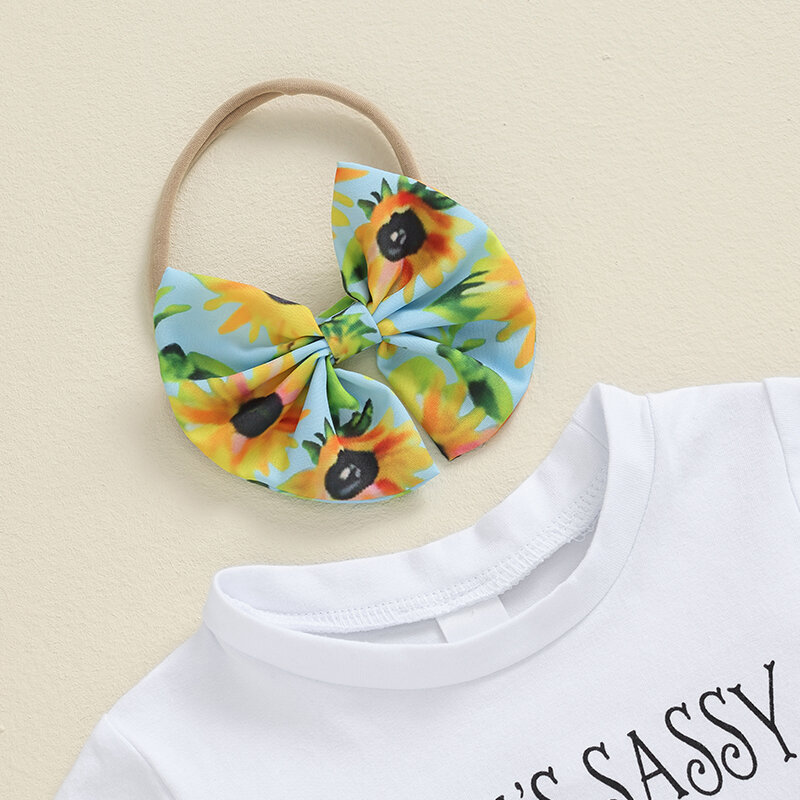 Conjunto de ropa de verano para niñas pequeñas, Pelele de manga corta con estampado de letras, pantalones cortos de flores con diadema