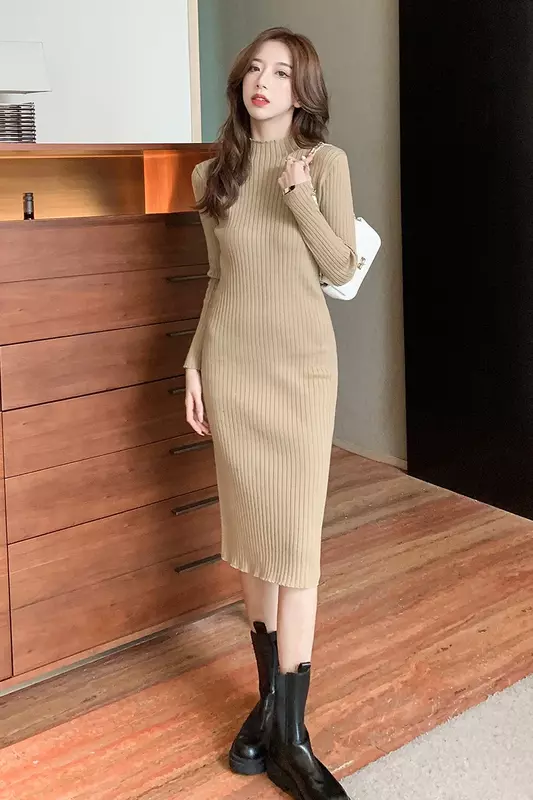 Gaun Sweter Rajutan Musim Gugur Musim Dingin untuk Wanita 2021 Gaun Panjang Selutut Bodycon Lengan Panjang Khaki Gaun Kerah Setengah Tinggi Kasual