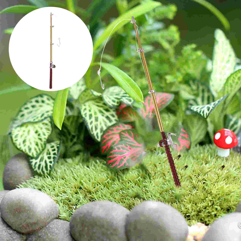 Miniature Fishing Rod Pole Model Fishing Net With Hook Micro Landscape Dollhouse Fishing Tool Garden Decoration Accessories