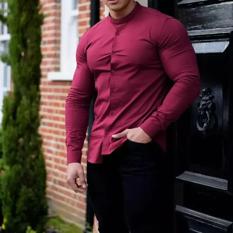 Мужская рубашка с воротником-стойкой, однотонный однобортный мягкий кардиган на пуговицах, деловой приталенный силуэт, осень 2019