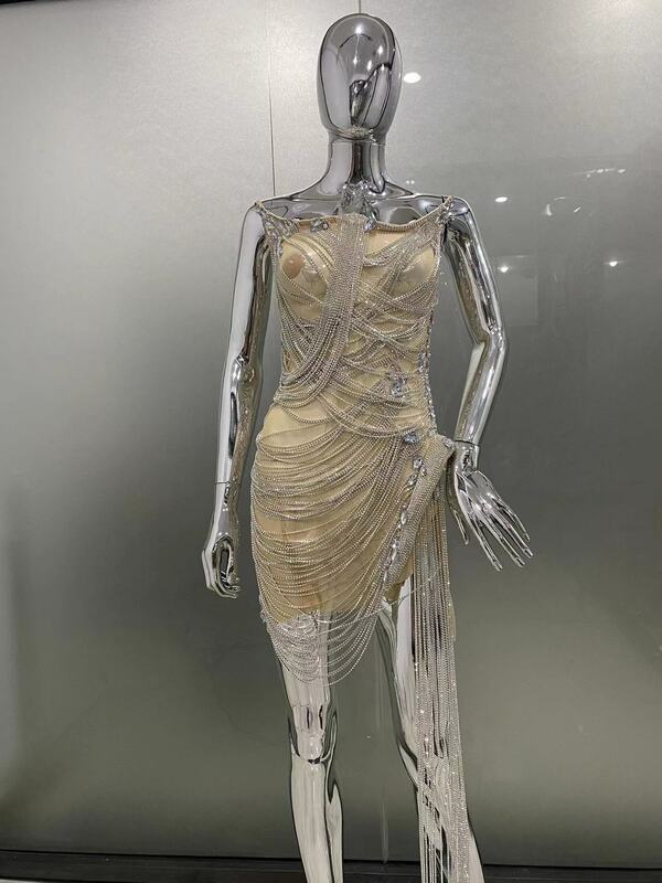 Индивидуальное Новое поступление, женское сексуальное Сетчатое прозрачное облегающее мини-платье без бретелек, модное бриллиантовое платье на день рождения