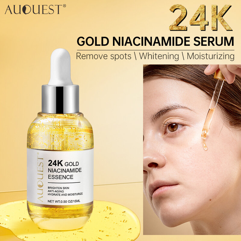 Niacinamide Serum asam Hyaluronic, Perawatan Wajah Serum emas 24K melembabkan mencerahkan menghaluskan kulit