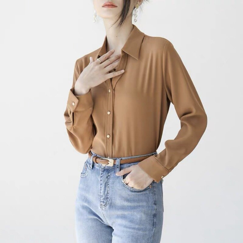 Franse Mode Overhemd Met Lange Mouwen In Effen Kleur Voor Dames 2024 Lente Nieuw Design Met Taille Tot Op De Top Dameskleding