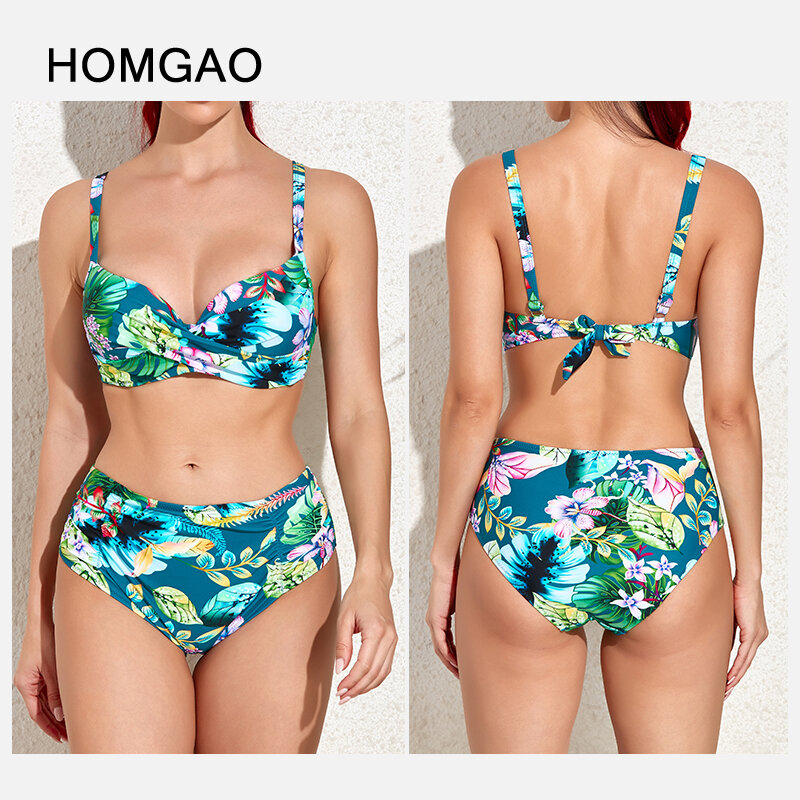 HOMGAO Sexy 4XL duży strój kąpielowy dla kobiet stroje kąpielowe Push Up bikini wysokiej talii nadruk Retro zestaw damski strój kąpielowy plaża Biquini