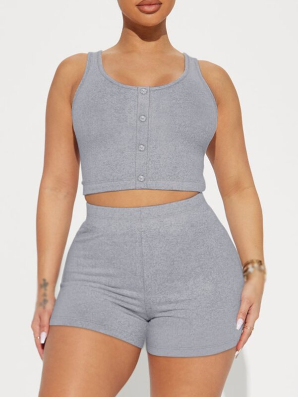 LW Basics-Conjunto de shorts e blusa feminina sem mangas, shorts de cintura alta, design de botões, roupas de verão, plus size