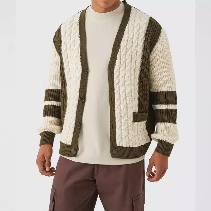 Sweater kardigan kasual pria, perca Vintage, Sweater kasual, Single Breasted, leher V, jaket rajut, Sweater blok warna mode musim gugur musim dingin