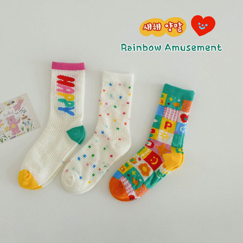 Calcetines de algodón y malla para bebé, medias de media pantorrilla con patrón de arcoíris, primavera y verano, 3 pares