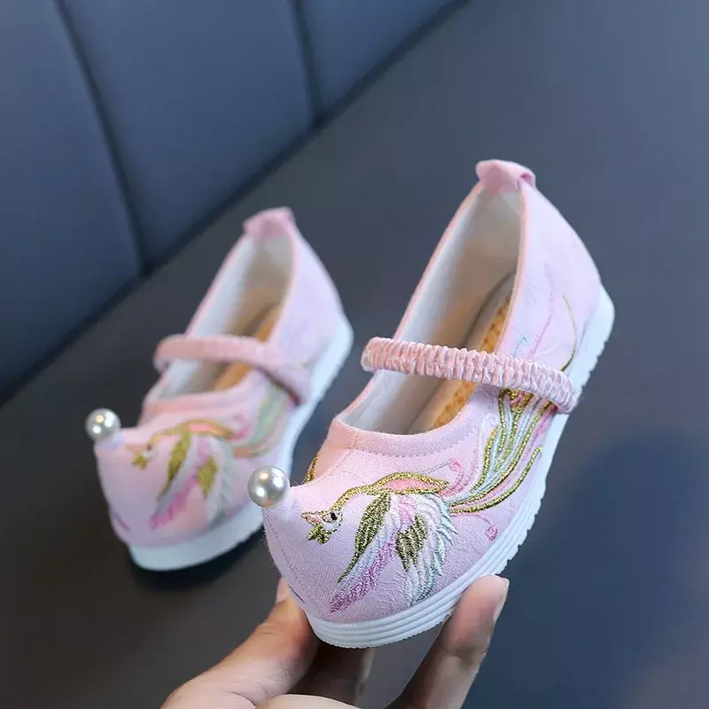 Chaussures de danse chinoises Hanfu pour bébés filles, chaussures plates en coton pour enfants, chaussures de scène pour enfants, broderie d'oiseaux rétro vintage, perles