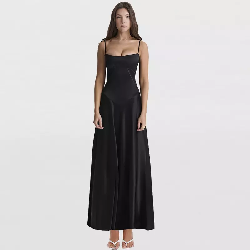 Suninheart-Sequin feminino oco vestido de noite, vestido de festa sexy, alça de espaguete, vestido formal com renda, preto, verão, novo