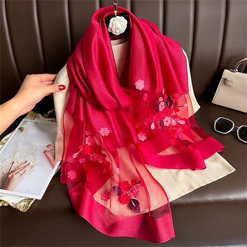 luxury Fashion Women floret Cut Flowers Hollow Lace solid Silk Scarf Spring Shawls and Wraps Towel Femme Beach Sjaals