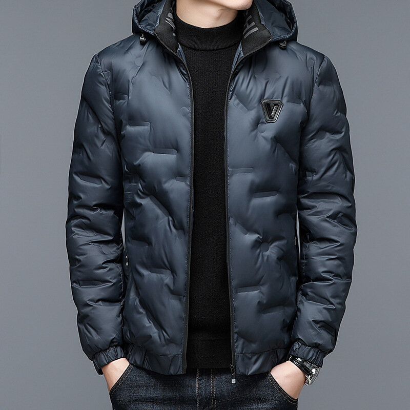 Casaco quente de inverno masculino, design espesso, leve, gola alta, fino, versão coreana, comprimento curto, casual, elegante, elegante