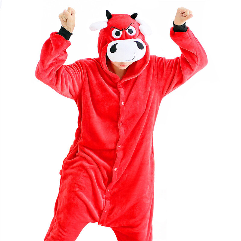 Unisex Adult Flannel Onesie Winter Thick Cartoon Animal Red Bull Pajamas Halloween Costume Cosplay Sleepwear Homewear Jumpsuits
