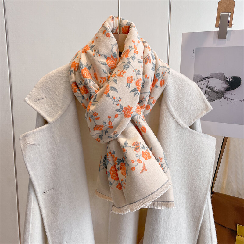 Зимний шарф для женщин, шаль с цветочным принтом, шали и накидки, Кашемировое плотное теплое женское одеяло, 2022, двойная шаль, Модное пончо