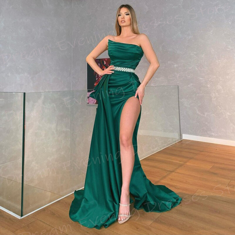 Vestido de sereia plissado feminino, vestido de baile plissado, lado dividido, verde, simples, generoso, moderno, sexy vestidos de noite