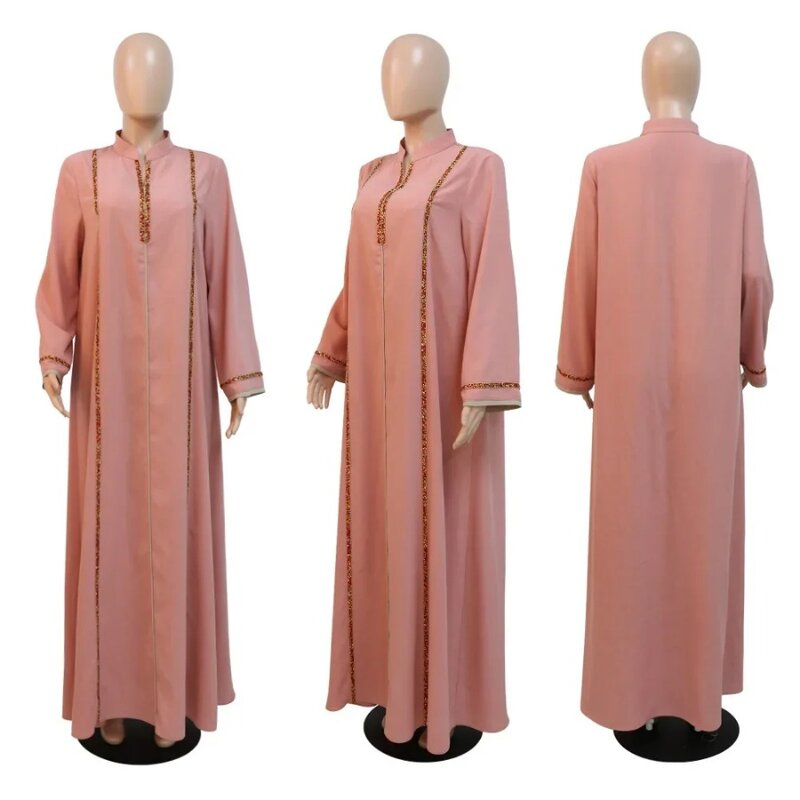 Abaya marroquí para mujer, Vestido largo con cinta de diamantes, cuello alto, manga larga, bata musulmana holgada de Omán, Turquía, Dubái, otoño 2024