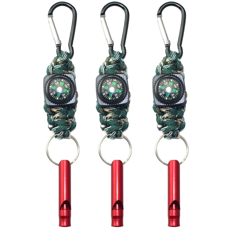 652F 3Pcs Paracords Keychains with Carabiner Hook Emergencies Survivals with Compasses for Outdoor Activity