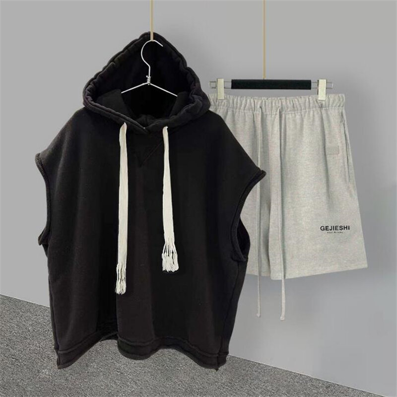 Men Casual Suits Outdoor Sport Style Hooded T-shirts and Short Pants Fashion Loose Men's Two Pieces Sets 2024
