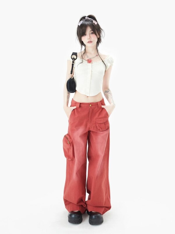 جديد ممزق جينز المرأة الحلو كول ثلاثية الأبعاد جيب عمال عالية الجودة الدنيم واسعة الساق السراويل فضفاضة كبيرة الحجم الرجعية فتاة حار y2k السراويل