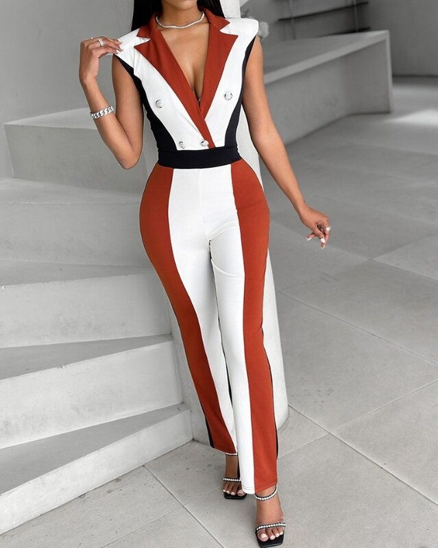 Y2K Blazer Jumpsuit for Women 2024 Spring V Neck Button Colorblock Double Breasted Wide Leg Splicing High Waist Work Jumpsuit