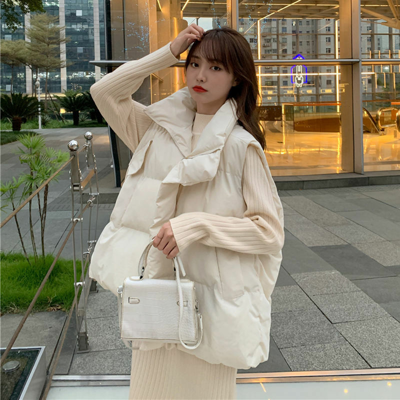 W koreańskim stylu szykowny gruba, bufiasta kamizelka damska zimowa ciepła odzież uliczna kurtka z prostym luźnym zamkiem bawełnianym puchowym jednolity kolor, kamizelka