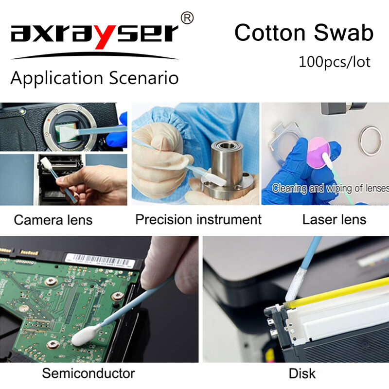 Indústria Cotonete, Não tecido Anti-estático Dust Off para Fiber Laser Focus Lens, Windows Protective Cleaning Tools, 100pcs