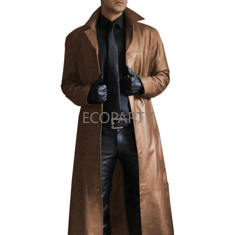 2023 Jaqueta de couro nova cor sólida single-breasted outono e inverno de manga comprida lapela casaco trincheira de couro dos homens